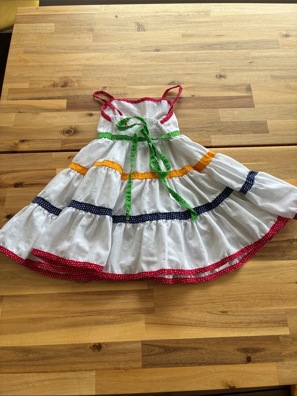 Vintage 70s/80s Union Tag Youngland White Rainbow Polka Dot Tiered Sundress 5